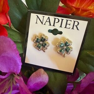 Napier 4-Leaf Clover Green Enamel Earrings NWT